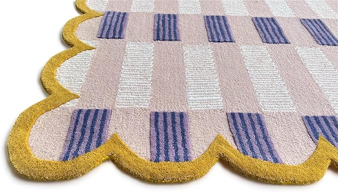 Hand-Tufted Wool Rug with Scalloped Edges, Light Blue Plaid Pattern, Cozy Soft Area Rug for Living Room, Bedroom, and Nursery, Handmade Modern Accent Rug (Pink, 4X7 FEET)