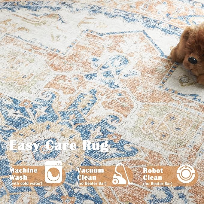 jinchan Kelda Round Rug 4ft Washable Area Rug Indoor Vintage Floor Cover Distressed Circle Mat 4' Round Lightweight Non Slip Low Pile Thin Carpet for Entryway Kitchen Living Room Bedroom Orange