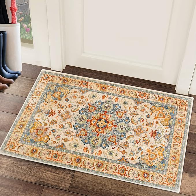 COMSLE Boho Area Rug, 2 x 3 Ft Washable Small Rugs for Entryway Faux Wool Distressed Non-Slip Floor Carpet Indoor Door Mat for Bedroom Kitchen Living Room