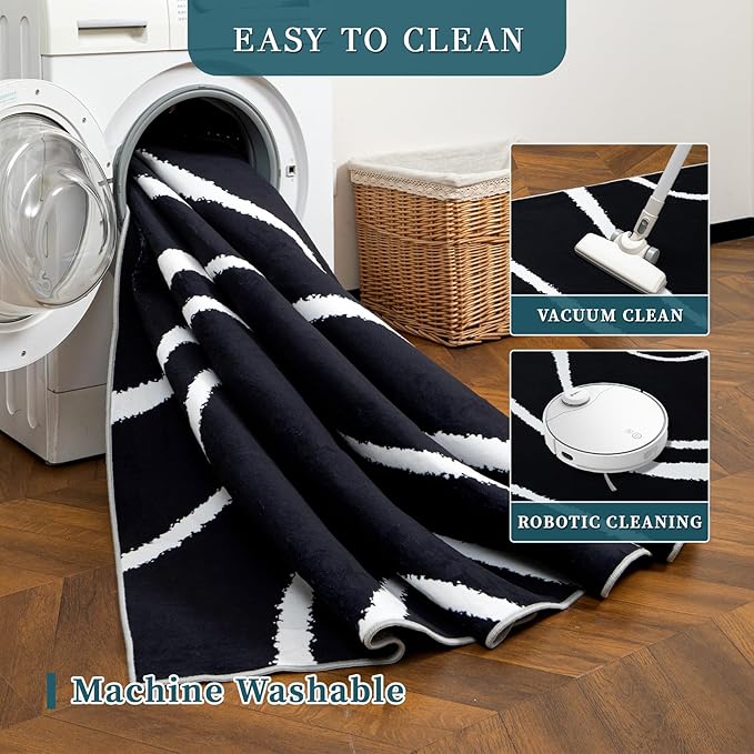 YIHOUSE Abstract Washable Rug 8x10,Ultra Thin Non Slip Black Rugs for Living Room,Modern Minimalist White Stripe Rugs for Bedroom,Dining Room Office Playroom (8'x10',Black-2)