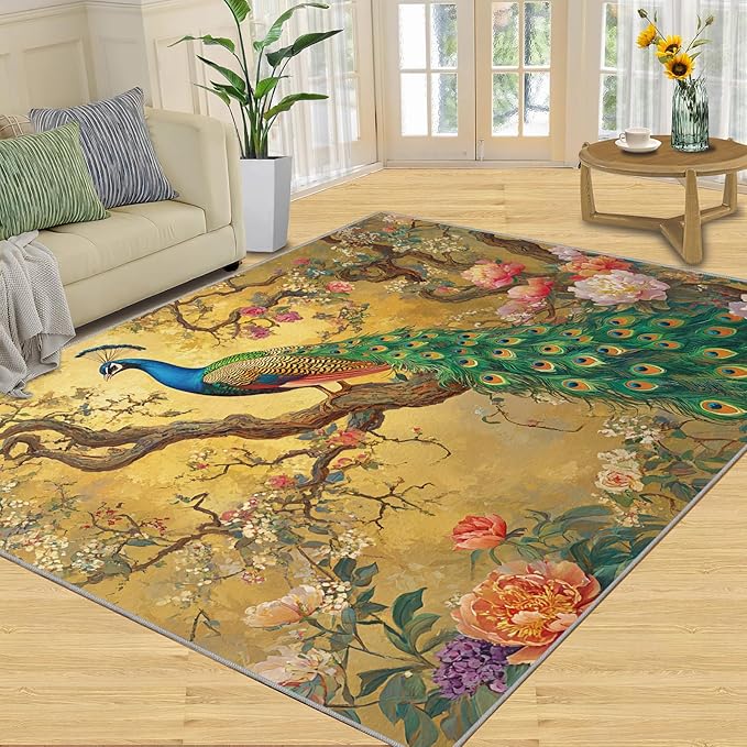 Peacock Peony Rugs for Bedroom - 6x9 Rug, Classic Peacock Peony Area Rugs for Living Room, Oriental Carpet, Floral Plant Washable Area Mat, Aesthetics Carpet - Peafowl Home Decor & Gifts