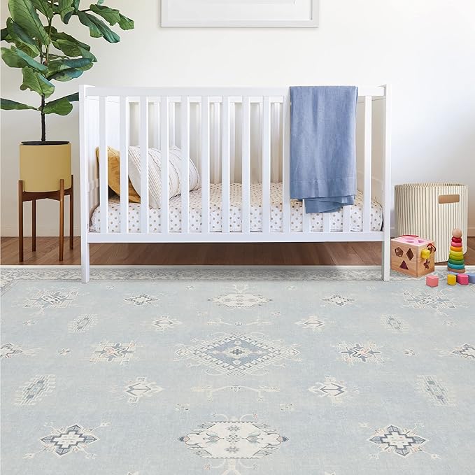 RUGGABLE Washable Vintage Area Rug – Verena Soft Blue 10x14, Stain-Resistant, Non-Slip – Large Machine Washable Rugs for Living Room, Bedroom, Hallway, Entryway & Office–with Cushioned Pad