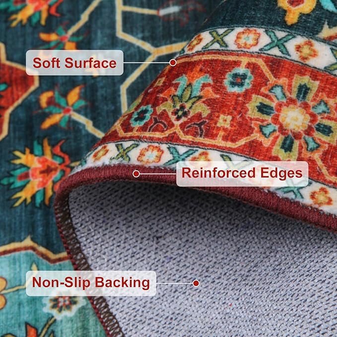 WILLSUN Washable Area Rugs, 9x12 Non-Slip Boho Large Area Rugs for Living Room, Bedroom, Machine Washable Vintage Rug, Indoor Floral Print Carpet for Home Decor, Kid & Pet Friendly Mat