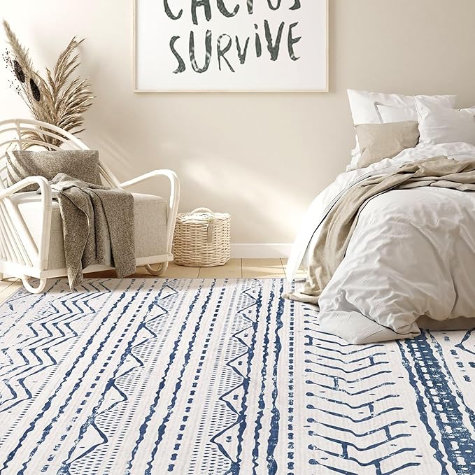 Nakagishi Area Rugs 8x10 Living Room: Washable Boho Large Neutral Soft Farmhouse Rug Stain Resistant Modern Moroccan Non-Slip Indoor Carpet for Bedroom Nursery Kids Playroom Office Dining Room- Navy
