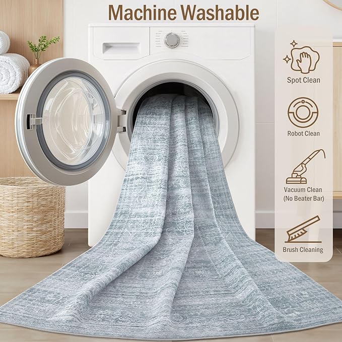 8x10 Area Rugs Living Room: Washable Large Vintage Blue Rug Neutral Non-Slip Soft Stain Resistant Indoor Carpet for Bedroom Nursery Dining Room Under Table Bed Home House Office Playroom