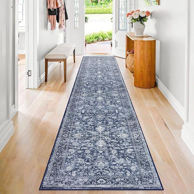 KILOCOCO Runner for Hallway 2.6x14 Runner Rug Printed Vintage Floral Washable Rug Kitchen Runners Soft Non-Slip Low Pile Hallway Runners Laundry Room Distressed Boho Rugs, Blue