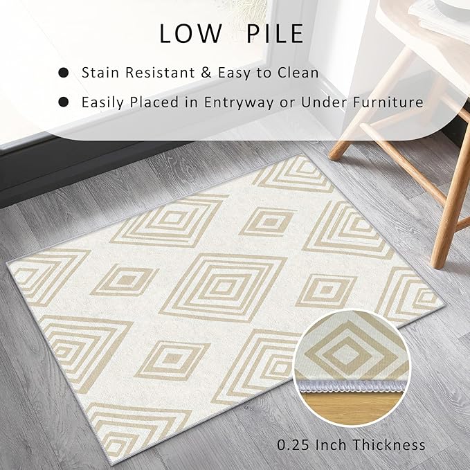 Washable 3x4 Modern Geometric Rug Living Room, Beige Abstract Diamond Design Area Rugs for Bedroom, Modern Geometric Home Decor Carpet, Low Pile, Non Slip, Kids & Pet Friendly (N4174)
