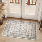 jinchan Floral 2x3 Rugs for Entryway - Machine Washable Beige Vintage Distressed Boho Design Soft Faux Wool Small Non-Slip Doormat for Entrance Kitchen Living Room Bedroom Farmhouse (2‘x3', Beige)