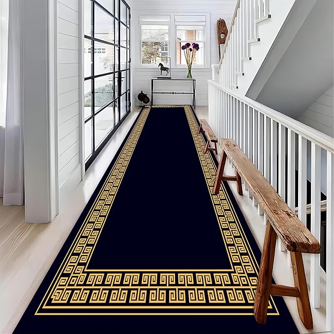 Modern Geometric Meandering Throw Carpet Runner for Entrance, 4x12ft, Orange Geometric Design Carpets for Entryway, Navy Blue Background Cozy Foldable Dirty Resistant Rug for Sofa Office