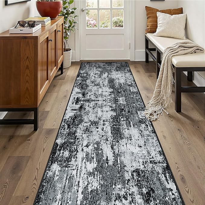 Washable Area Rugs 2'x10' Non-Slip Modern Abstract Soft for Living Room Entryway Bedroom Nursery, Print Pattern, Black Gray