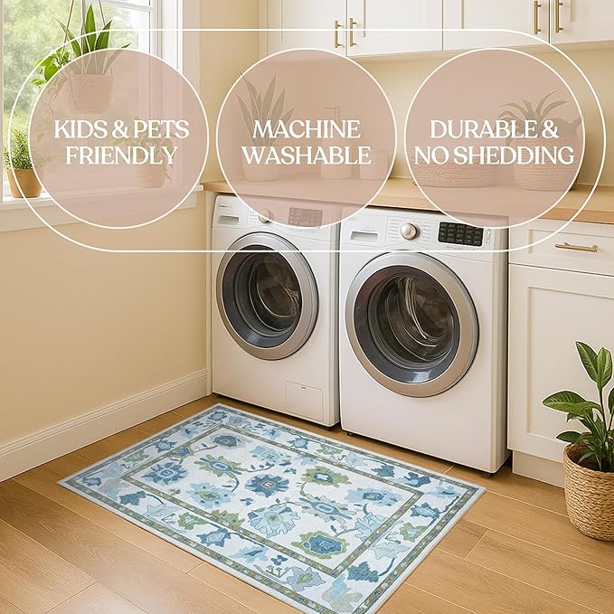 Fame Living Green Oushak Rug, Modern Small Rugs, Vintage, Turkish, Eclectic, Floral, Pastel, Washable, Door Mat, Doormat for Indoor Entrance, Entryway, Kitchen, Bathroom, Bedroom, Laundry, 2'x3'