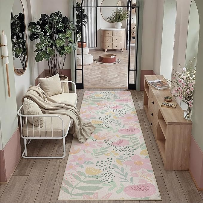 Floral Runner Rug 2x8 Washable Hallway Pink Bedroom Non Slip Cute Long Kitchen Carpet Botanical Indoor Soft Accent Rug for Bathroom Dining Laundry Living Room