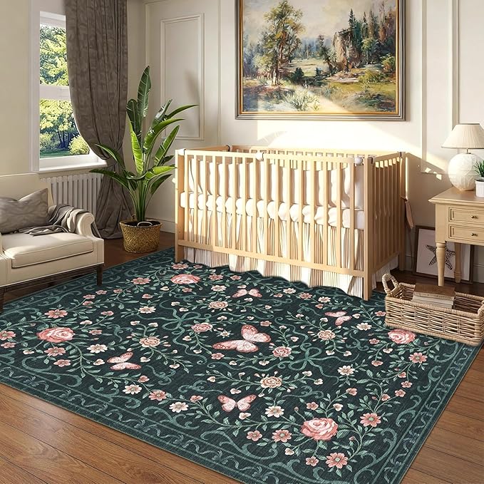 GarveeHome 3x5 Small Area Rug for Bedroom Floral Washable Rugs Non Slip Stain Resistant Living Room Throw Carpet Low Pile Dining Room Black Area Rug Butterfly Bow Rugs for Nursery Home Decor, 3x5