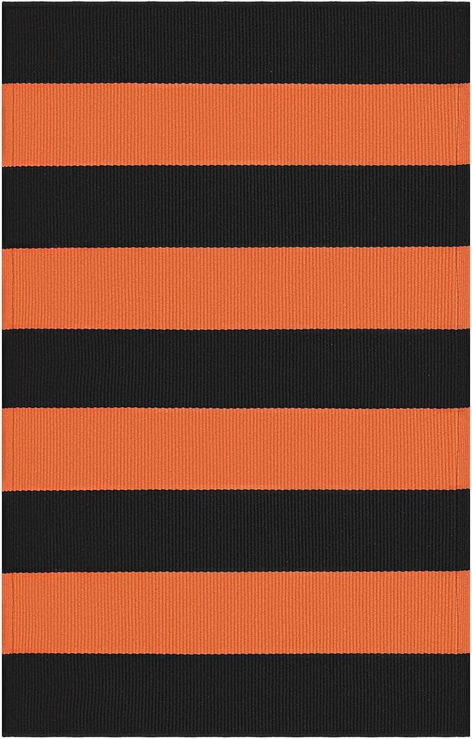 KOZYFLY Orange and Black Striped Rug Doormat 2x3 Ft Halloween Fall Cotton Woven Washable Indoor Outdoor Rugs for Layered Door Mats Porch/Kitchen/Farmhouse