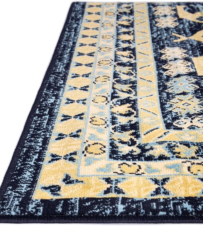 Unique Loom Taftan Collection Border Geometric Tribal Inspired Design Area Rug (9' 10 x 13' 0 Rectangular, Navy Blue/ Gold)