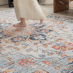 VK VK·LIVING 5x7 Area Rug Washable Rugs for Living Room Rug Vintage Design Boho 5x7 Rug with Non Slip Living Room Rug Bedroom Carpet Stain Resistant, Home Decor, Blue&Orange
