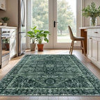 KOZYFLY Boho Area Rug 5x7 Ft Thin Washable Rugs for Living Room Faux Wool Throw Carpet Printed Non Slip Rug for Entryway Bedroom Dining Room Living Space, Dark Green