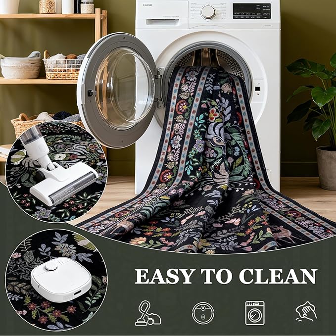 9x12 Area Rugs Living Room Rug: Vintage Washable Rug Floral Soft Carpet Indoor Floor Non-Slip Boho Stain Resistant Large Carpets for Bedroom Kids Nursery Dining Room Farmhouse Home Office Black