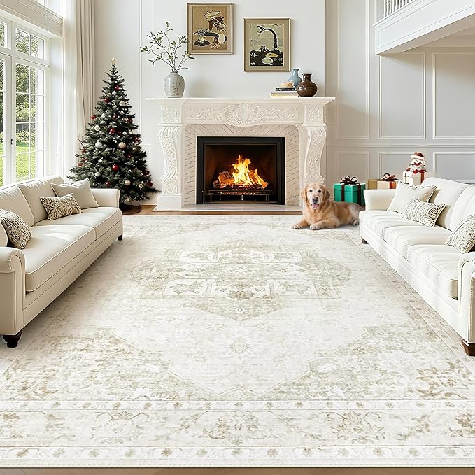 9x12 Area Rugs Washable Rugs for Living Room, Large Vintage Boho Rug Non-Slip Soft Floral Distressed Rug Low Pile Stain Resistant Carpet for Bedroom Nursery Office Dining Room Farmhouse(Beige, 9'x12')