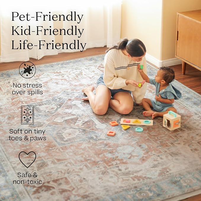 RUGGABLE Washable Vintage Area Rug – Verena Soft Blue 2x3, Stain-Resistant, Non-Slip – Small Machine Washable Rugs for Living Room, Bedroom, Hallway, Entryway & Bathroom–with Standard Pad