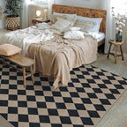 Easy Jute Black Checkered 8x10 Area Rug, Washable Modern Outdoor Rug for Patio Non-Slip Diamond Rugs for Living Room, Neutral Farmhouse Floor Carpet for Bedroom Dining Room Classroom