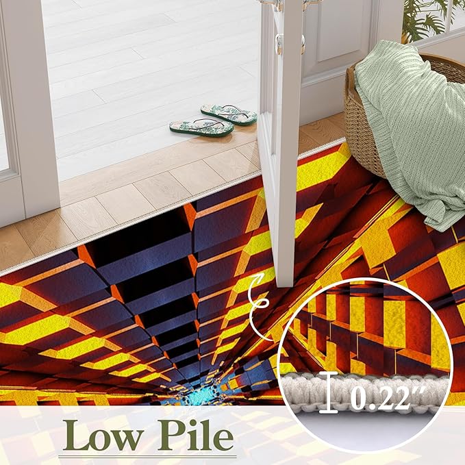 3D Abstract Grid Area Rug, 5x6ft, Visual Illusion Realistic Cave Indoor Carpets, Orange Three Dimensional Pattern Floor Mat, Easy Clean Breathable Washable Rugs for Indoor Family