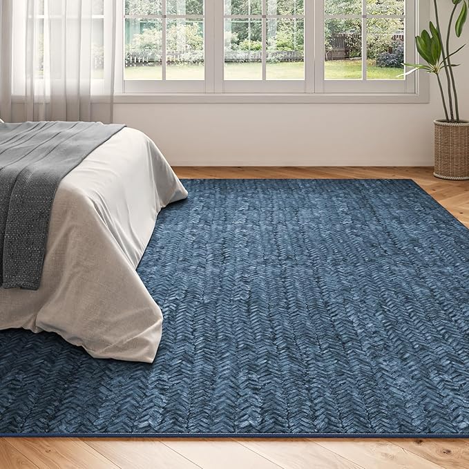 Eleisa Modern Vintage 10x14 Herringbone Chevron Area Rug, Non-Slip Stain Resistant Washable Rug, Blue Large Rug for Living Room, Farmhouse Carpet for Bedroom, Kitchen, Dining Room, Home Office