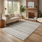 Washable Area Rugs 8x10, Large Rugs for Living Room, Carpet for Bedroom, Boho Soft Faux Wool Retro Dining Room Rug, Non-Slip Backing Resistant Low Pile Vintage Print Rug for Home Office(Beige)