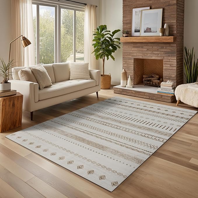 Washable Area Rugs 8x10, Large Rugs for Living Room, Carpet for Bedroom, Boho Soft Faux Wool Retro Dining Room Rug, Non-Slip Backing Resistant Low Pile Vintage Print Rug for Home Office(Beige)
