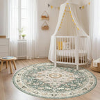 Round Rug Living Room Rugs: 5x5 Washable Boho Neutral Large Circle Soft Indoor Distressed Stain Resistant Floor Farmhouse Carpet for Bedroom Nursery Kids Playroom Office Dining Room Dorm- Green