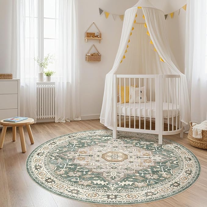 Round Rug Living Room Rugs: 6x6 Washable Boho Neutral Large Circle Soft Indoor Distressed Stain Resistant Floor Farmhouse Carpet for Bedroom Nursery Kids Playroom Office Dining Room Dorm- Green