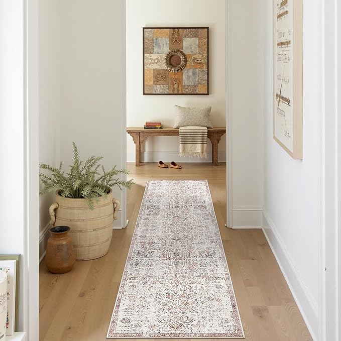 jinchan Kalen Runner Rug 2x7 Washable Hallway Rug Vintage Indoor Thin Retro Floor Cover Distressed Floral Country Lightweight Non Slip Carpet for Entryway Bathroom Bedroom Living Room Stairway Red