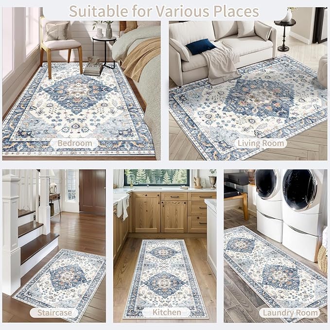 Enkor Area Soft Rugs 4x6 Washable Non Slip Boho Floor Rugs for Living Room Bedroom, Vintage Style Farmhouse Mat for Kitchen Entryway Blue & White