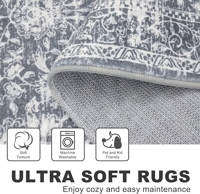 KILOCOCO Moroccan Small Area Rug 2x3 Entryway Rugs Printed Vintage Floral Washable Rug Non-Slip Kitchen Rug Indoor Door Mat, Accent Throw Small Rugs for Laundry Room Bedroom Entrance, Grey