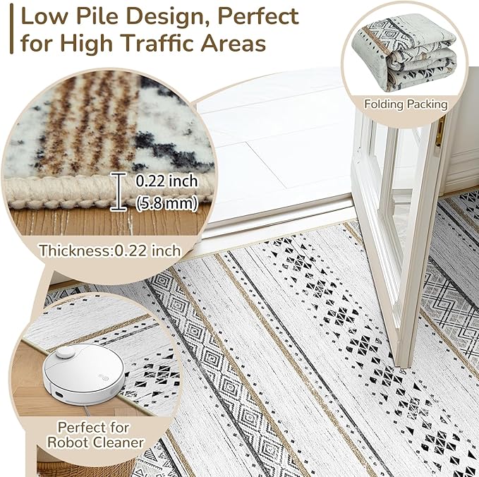 BESTSWEETIE 6x9 Area Rugs for Living Room Washable Moroccan Farmhouse Neutral Geometric Low Pile Non-Slip Soft Print Pattern Rug for Bedroom Kitchen Dining Room Entryway Black/Brown