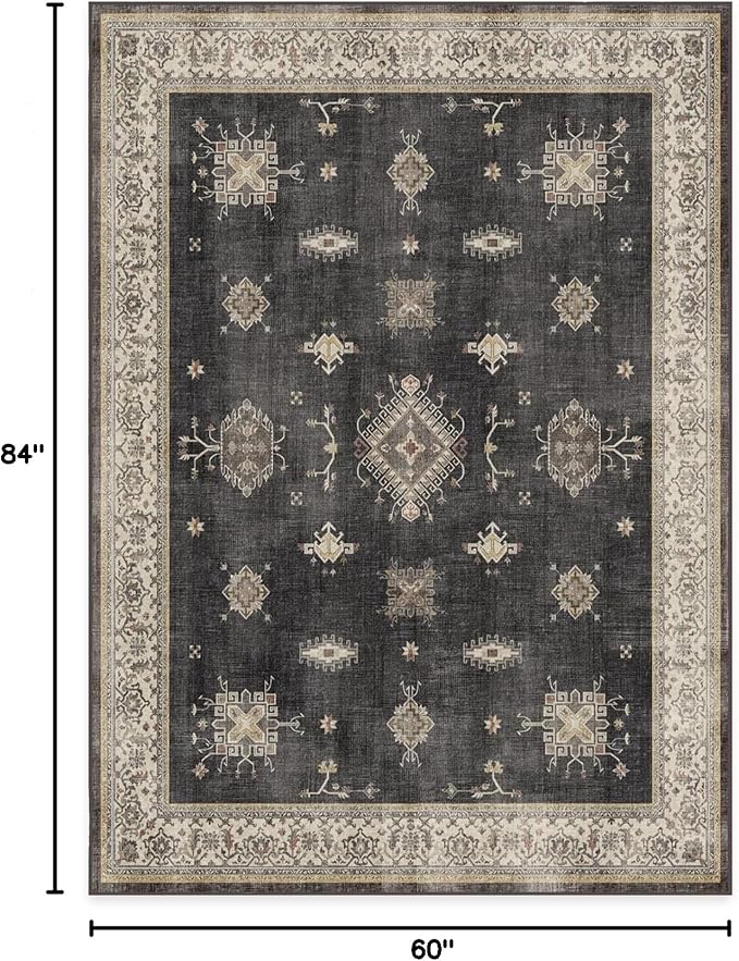 RUGGABLE Washable Vintage Area Rug – Verena Dark Wood 5x7, Stain-Resistant, Non-Slip – Medium Machine Washable Rugs for Living Room, Bedroom, Hallway, Entryway & Office–with Cushioned Pad