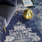 vivorug 9x12 Area Rugs for Living Room, Non Slip Machine Washable Vintage Navy Blue Rug, Ultra-Thin Lightweight Large Area Rug for Bedroom, Dining Room, Low Pile Rug