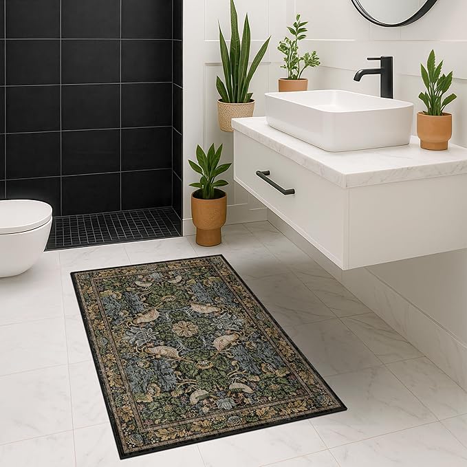 Washable Dark Vintage Floral Rugs for Entryway - Small 2x3 Washable Rug for Kitchen Bathroom Door Mat Indoor Entrance with Bird & Botanical Pattern, Brown Earthy Tones, Non Slip Low Pile