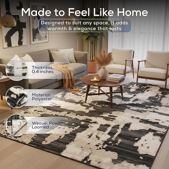 Abani Terra Cream Area Rug for Living Room, Bedroom - Black Abstract Pattern - 5' x 8' - Durable & Easy to Clean