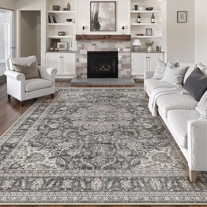 8x10 Washable Vintage Area Rug Black Grey Living Room Bedroom Carpet Non-Slip Soft Low Pile Distressed Indoor Large Throw Rug for Dining Room Office