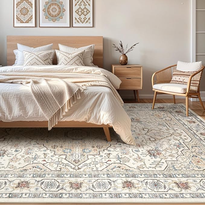 6x8 Area Rug Living Room: Washable Boho Large Neutral Vintage Soft Rugs Stain Resistant Farmhouse Non Slip Indoor Floor Carpet for Bedroom Nursery Kids Playroom Office Dining Room- Cream Blue