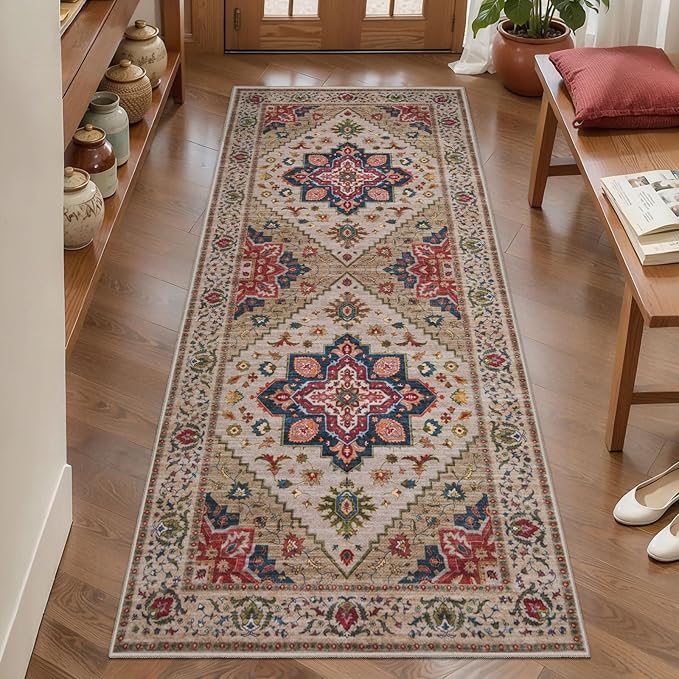 Tangsoo 2x6 Washable Runner Rug for Hallways, Non Slip Vintage Runner Rug, Soft Boho Low Pile Long Rug Runner, Carpet Runners for Kitchen Bedroom Entryway Bathroom Living Room Beige/Red