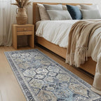 Bavni Runner Rug 2x10 Machine Washable Vintage Distressed Print Ultra-Thin Chenille Hallway Bedroom Kitchen Entrance Accent Rug, Low Pile Lightweight Non Slip with Gripper, Brown & Blue