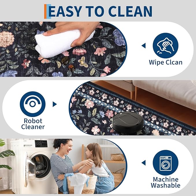 GarveeHome Washable Area Rug 9 x 12 for Living Room, Non-Slip Soft Vintage Rug, Low Pile Farmhouse Floral Carpet, Non-Shedding Indoor Foldable Printed Rugs for Bedroom, Dark Grey Blue
