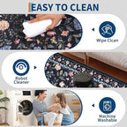 GarveeHome Washable Area Rug 9 x 12 for Living Room, Non-Slip Soft Vintage Rug, Low Pile Farmhouse Floral Carpet, Non-Shedding Indoor Foldable Printed Rugs for Bedroom, Dark Grey Blue