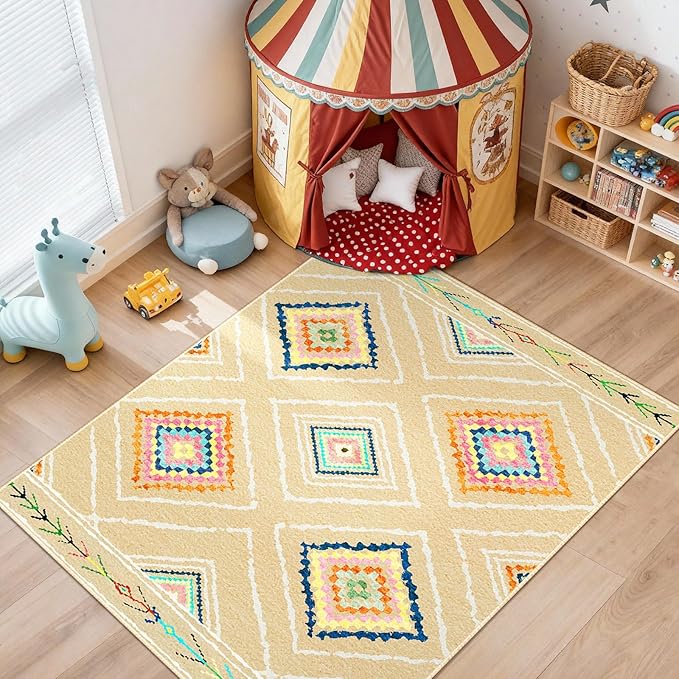 Area Rug 5x7 Rug Machine Washable Non-Slip Low Pile Print Pattern Western Rug for Living Room Bedroom Entryway Tribal Series -Cream/Beige