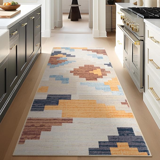 Phantoscope Washable Runner Rug 2'x6' Non-Slip, Modern Neutral Boho Hallway Rugs for Entryway, Stair, Bedroom, Abstract Geometric Blocks Pattern, Low-Pile Foldable Floor Carpet, Warm Terracotta/Cream
