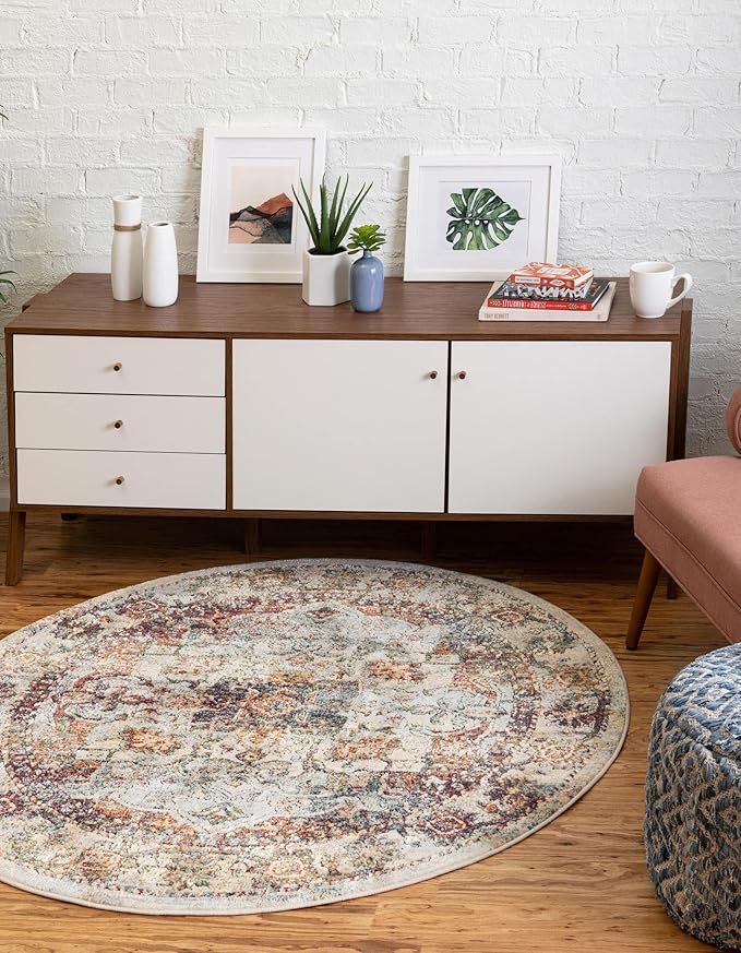 Unique Loom Isabella Collection Area Rug - Adjani (6' 1" Round, Ivory/ Beige)