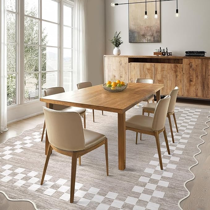GarveeHome Washable Rug 5x7 for Living Room Large Bedroom Scalloped Rug Non Slip Stain Resistant Modern Border Throw Carpet Soft Boho Rug for Dining Room Nursery Home Office, Fog