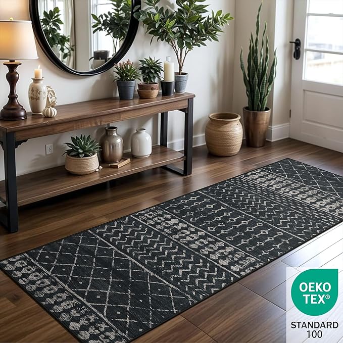 2x6 Machine Washable Runner Rug, Kitchen Hallway Area Rug, Black Vintage Moroccan Rug Ultra Non-Slip Low Pile Soft Faux Wool Carpet, Kids and Pets Friendly for Bedroom Entryway Bedside Decor Rug
